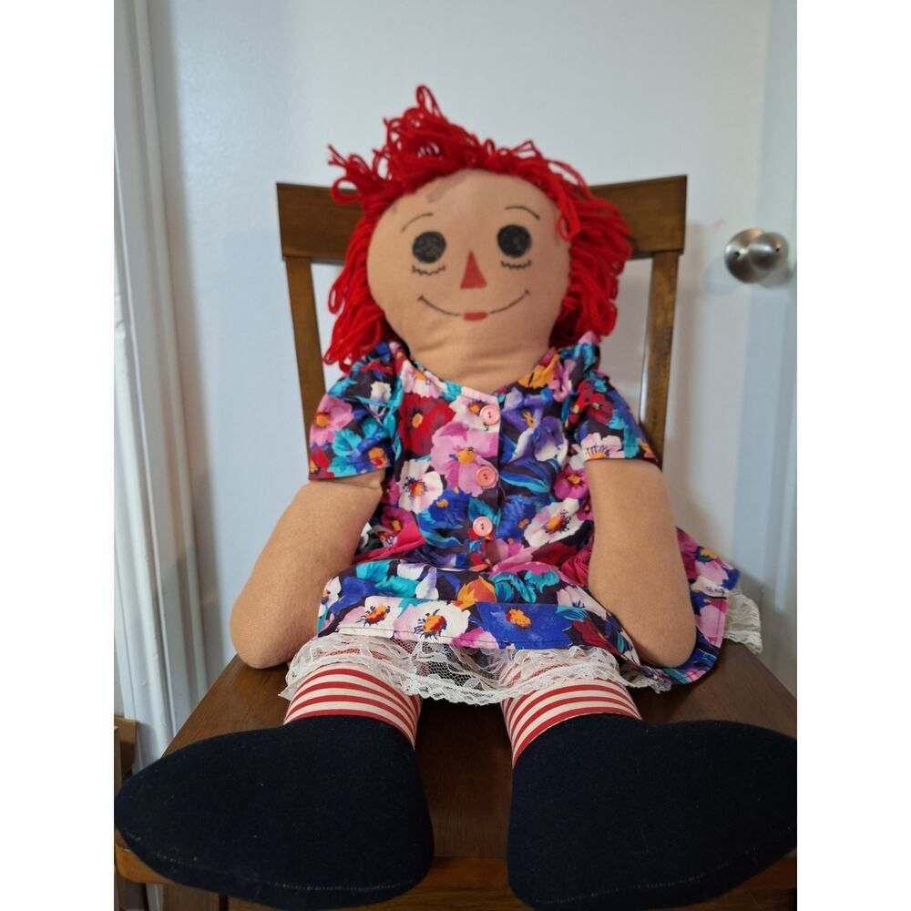 Vintage 3ft Raggedy Ann Handmade Cloth Doll Tan with Floral Dress Collectible